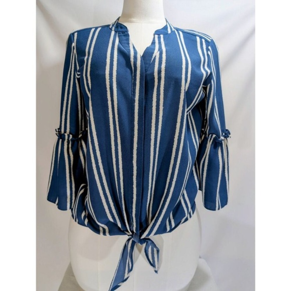 Alfani Blue White Striped Tie Front Blouse Medium Bell Sleeve Top
